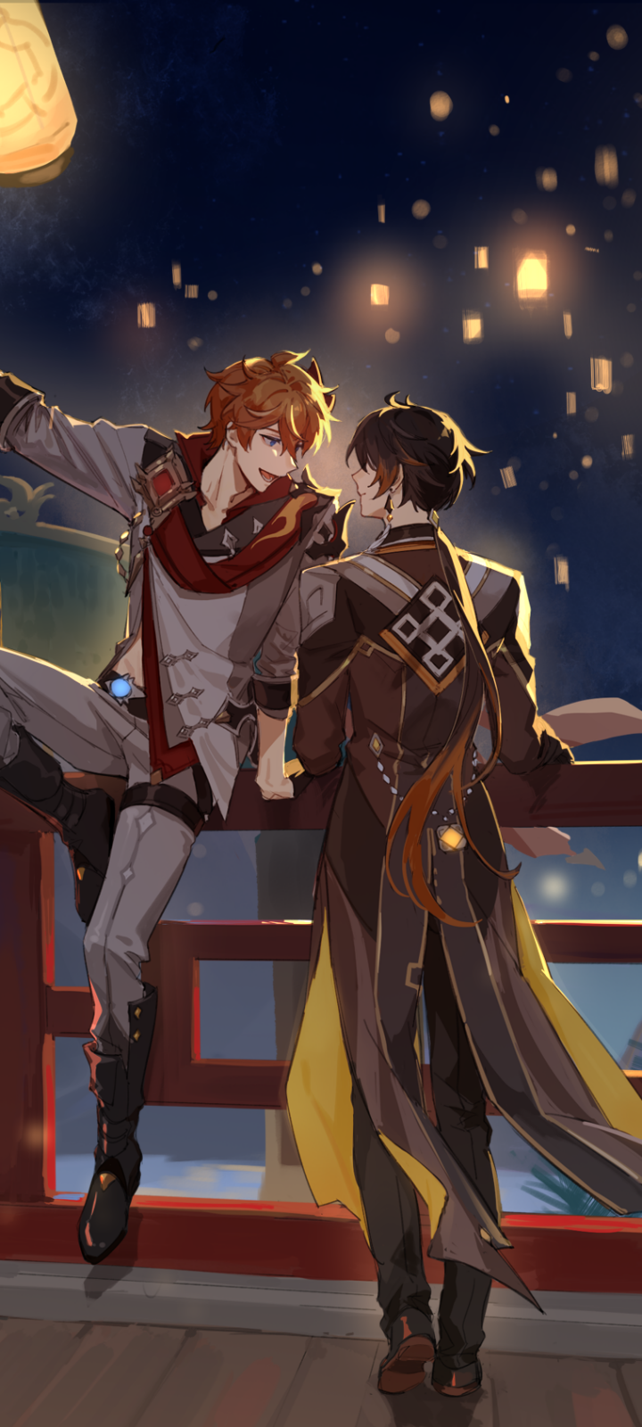 Phone wallpaper of Zhongli and Tartaglia (Childe) from the video game Genshin Impact, lantern-lit night scene with Tartaglia lounging on a railing and Zhongli standing facing him.