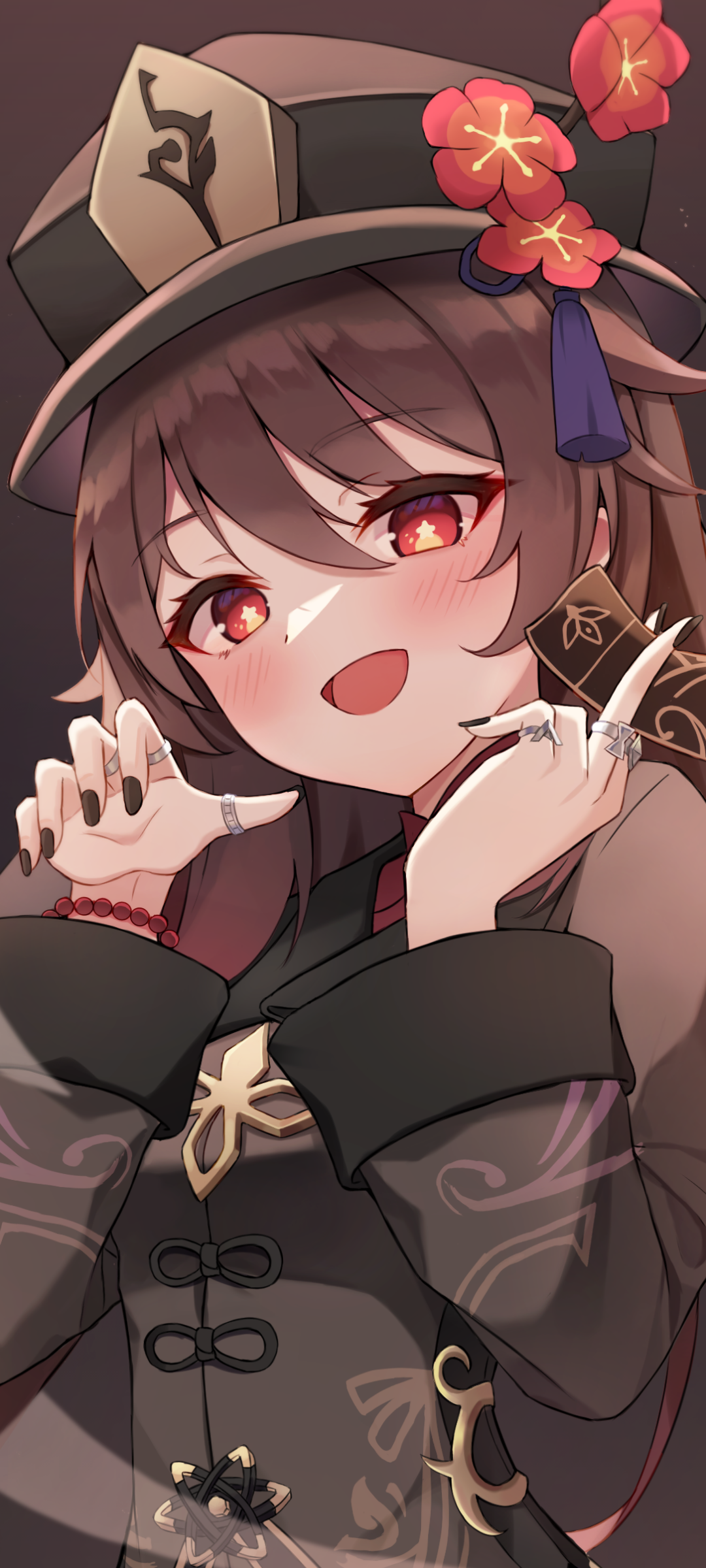 Phone wallpaper of Hu Tao from the video game Genshin Impact — smiling with red eyes, wearing her signature hat adorned with red flowers and a dark ornate outfit in a playful pose.