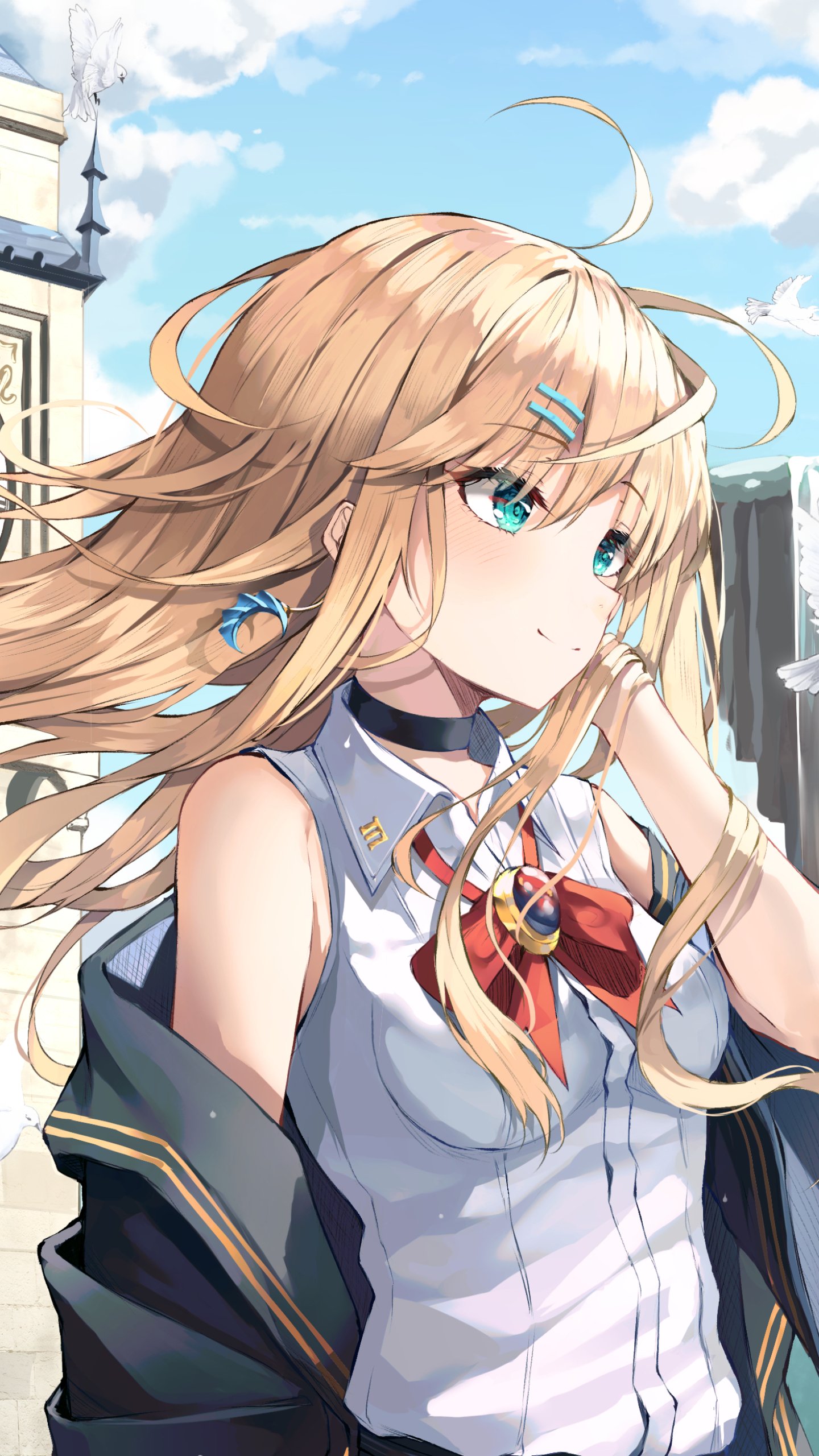 Anime girl with windblown blonde hair and blue eyes in a school uniform with ribbon, gazing at a bright sky — vertical phone wallpaper.