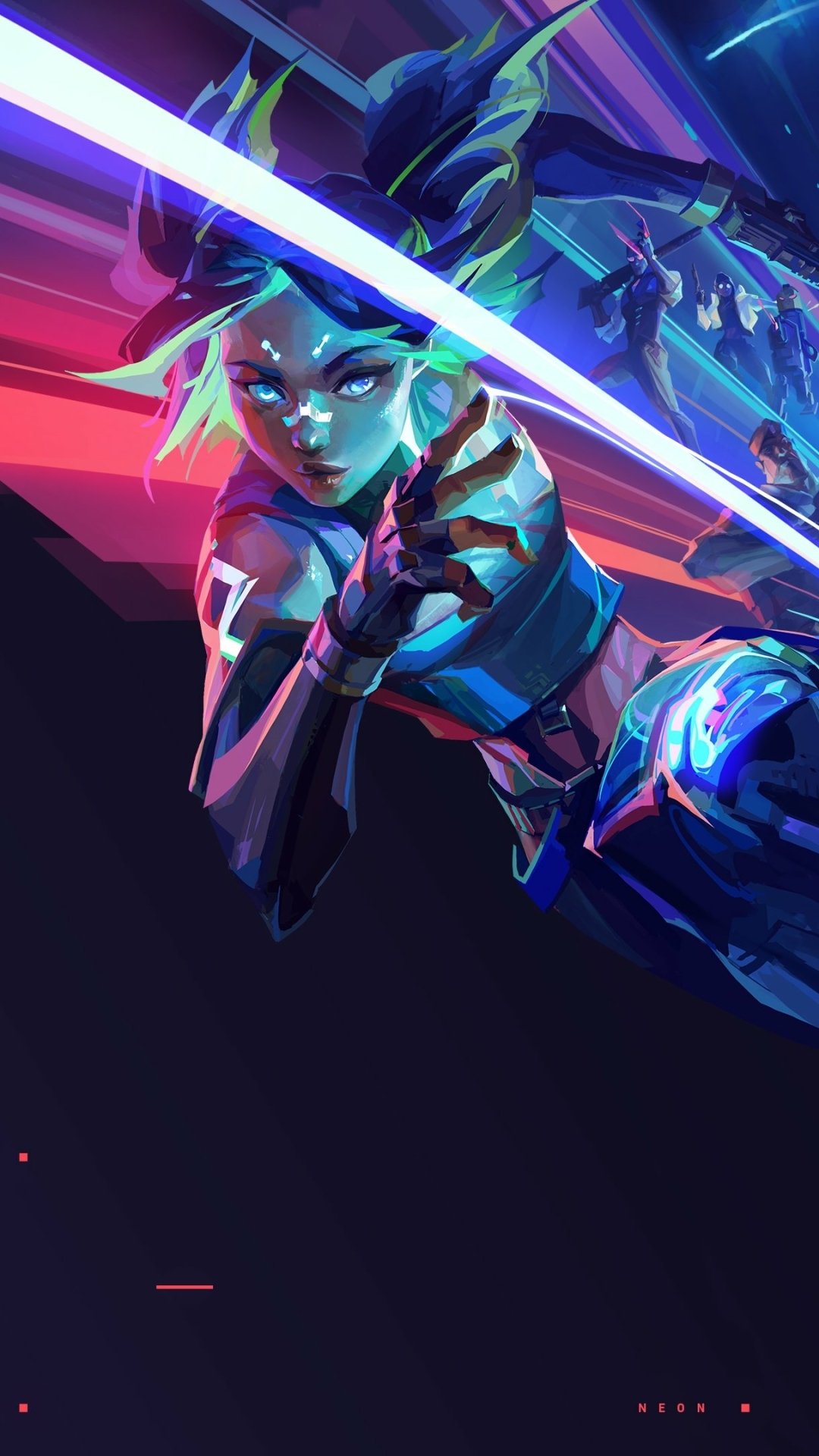 Phone wallpaper featuring Neon from the video game Valorant, with vibrant neon colors and dynamic action pose, designed for iPhones and Android devices.
