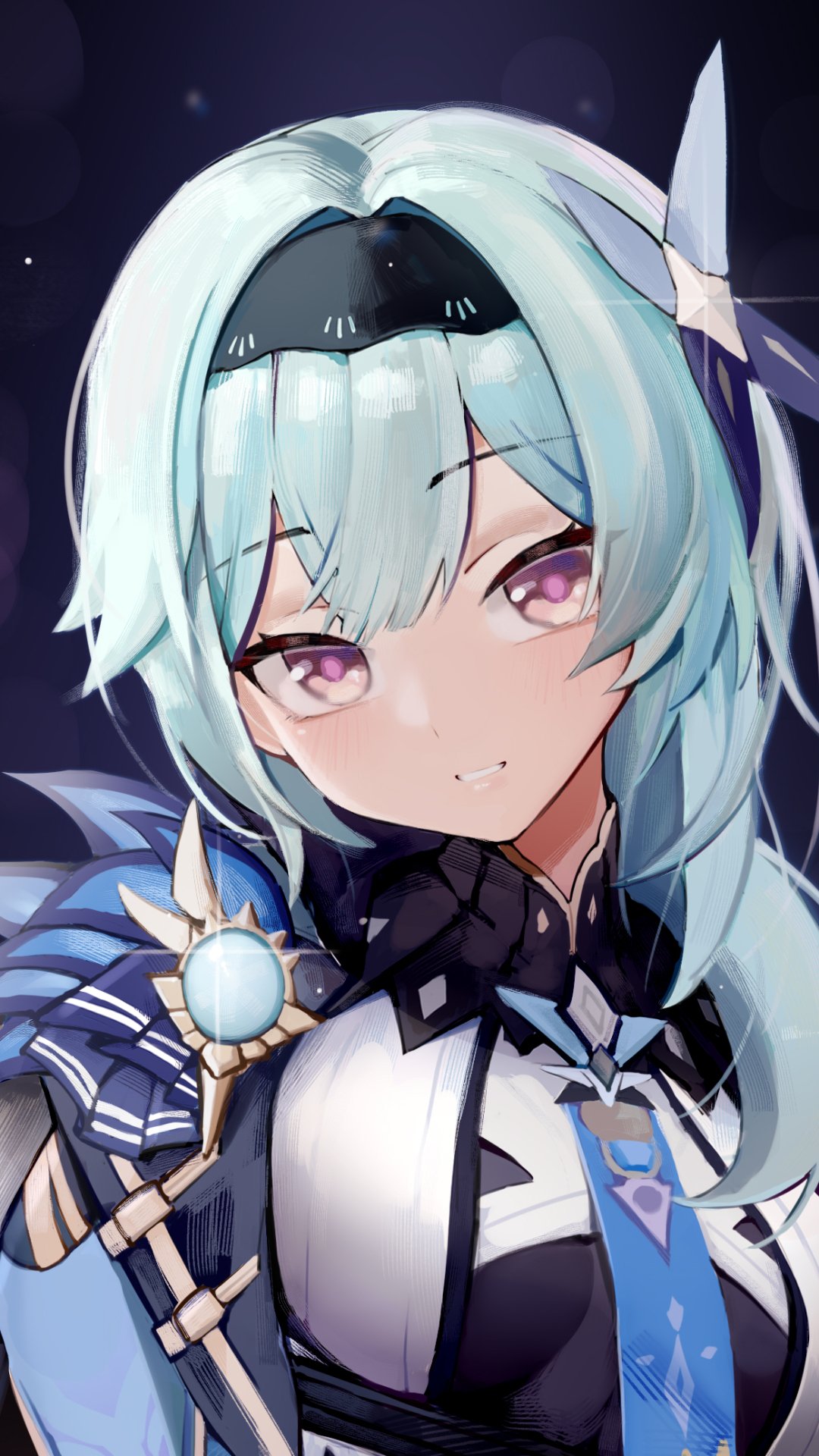 Phone wallpaper of Eula (Genshin Impact) from the video game: close-up with icy blue hair, violet eyes, and blue-white knight outfit against a dark, starry background.