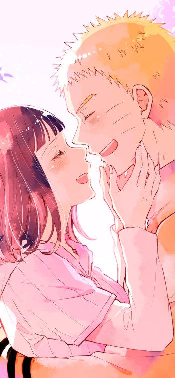 Phone wallpaper of anime couple Naruto Uzumaki and Hinata Hyuga (Naruto & Hinata) sharing a tender, blushing close-up as they smile and lean in for a kiss.