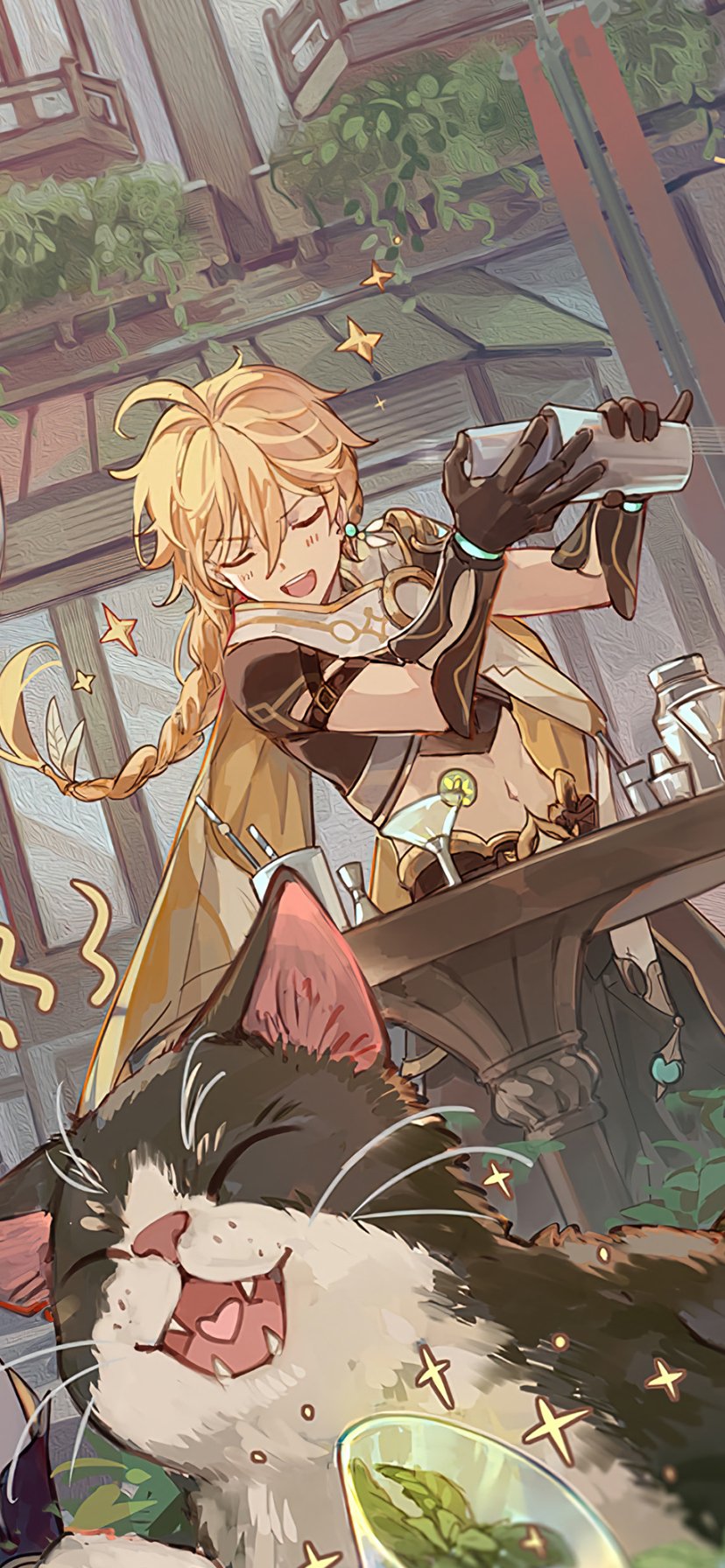 Phone wallpaper of Aether (Genshin Impact) — the male Traveler pouring a drink behind a counter, smiling as a delighted cat lounges in this colorful video game scene.