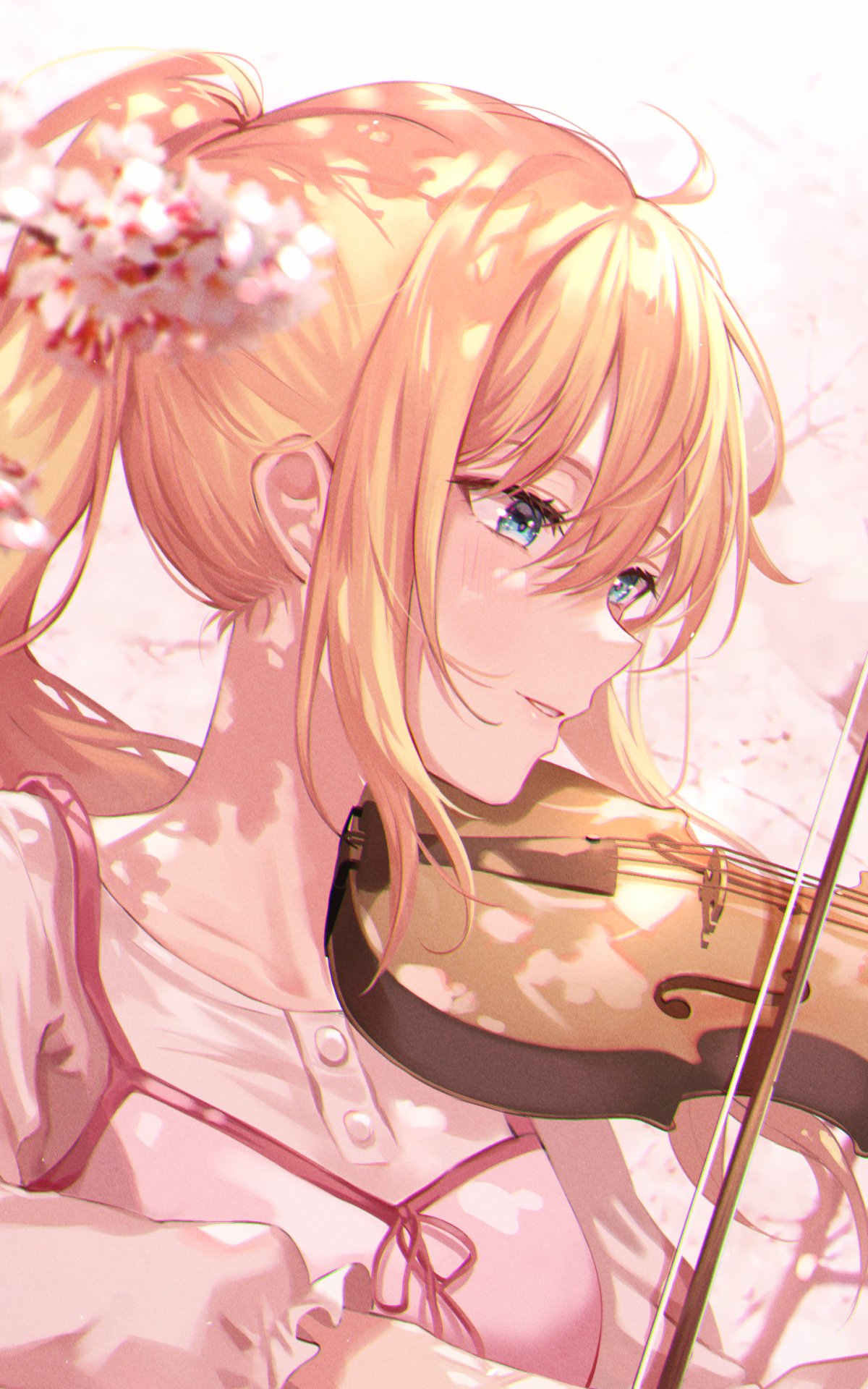 Anime phone wallpaper of Kaori Miyazono from Your Lie in April playing a violin amid soft pink blossoms.