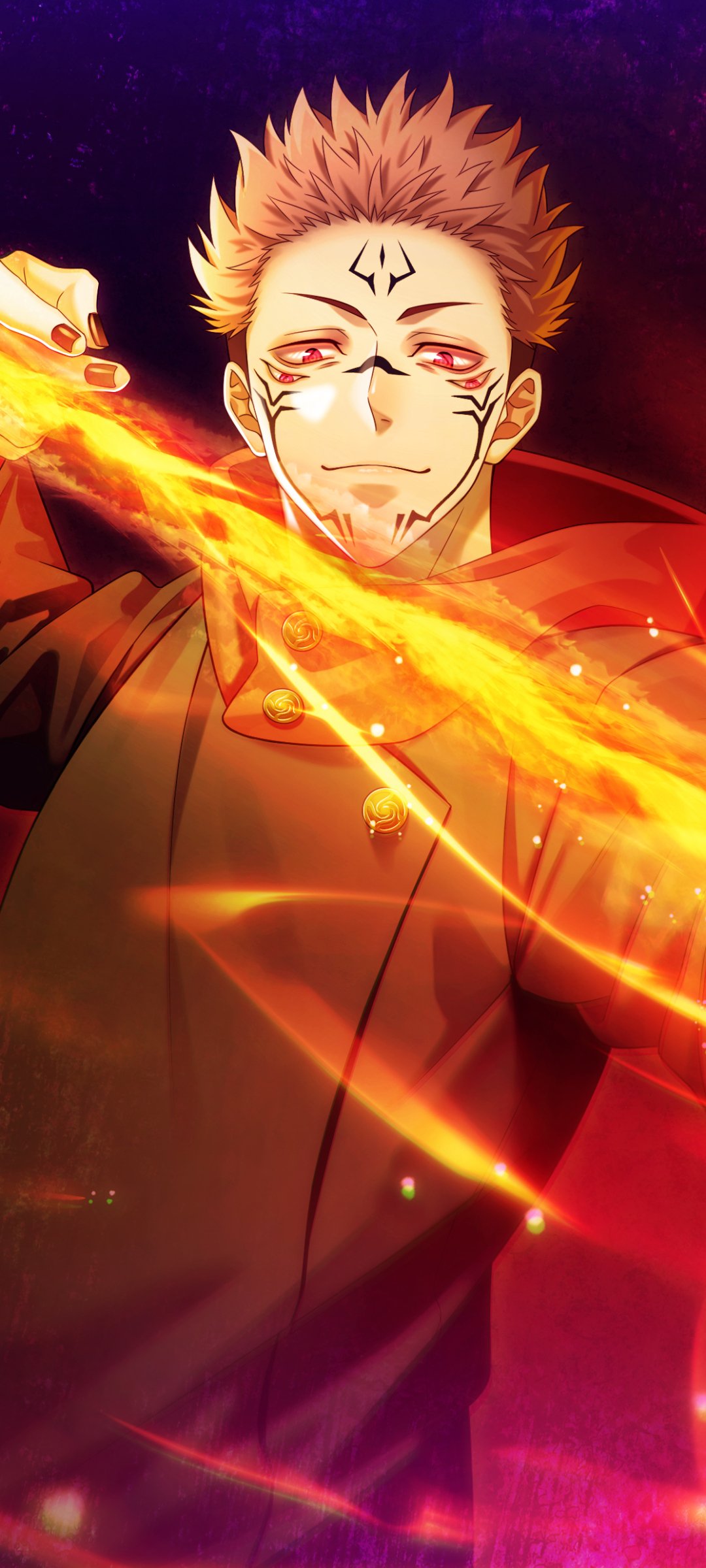 Phone wallpaper featuring Sukuna from the anime Jujutsu Kaisen: smirking with ritual face markings and crimson eyes, slicing a blazing streak of fire across a dark purple-red background.