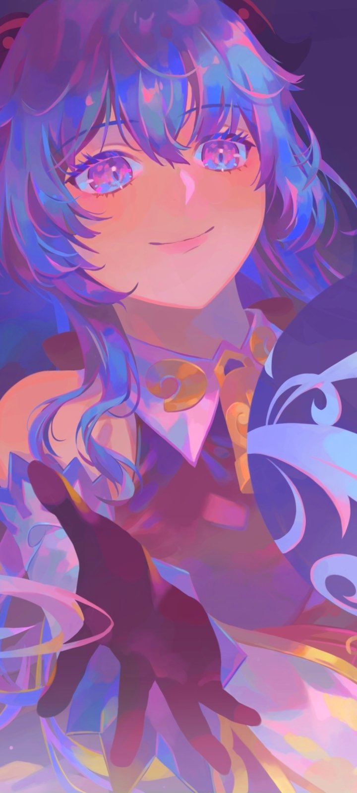 Ganyu (Genshin Impact) smiling and reaching out in vibrant neon blues and pinks — a stylized video game phone wallpaper portrait.