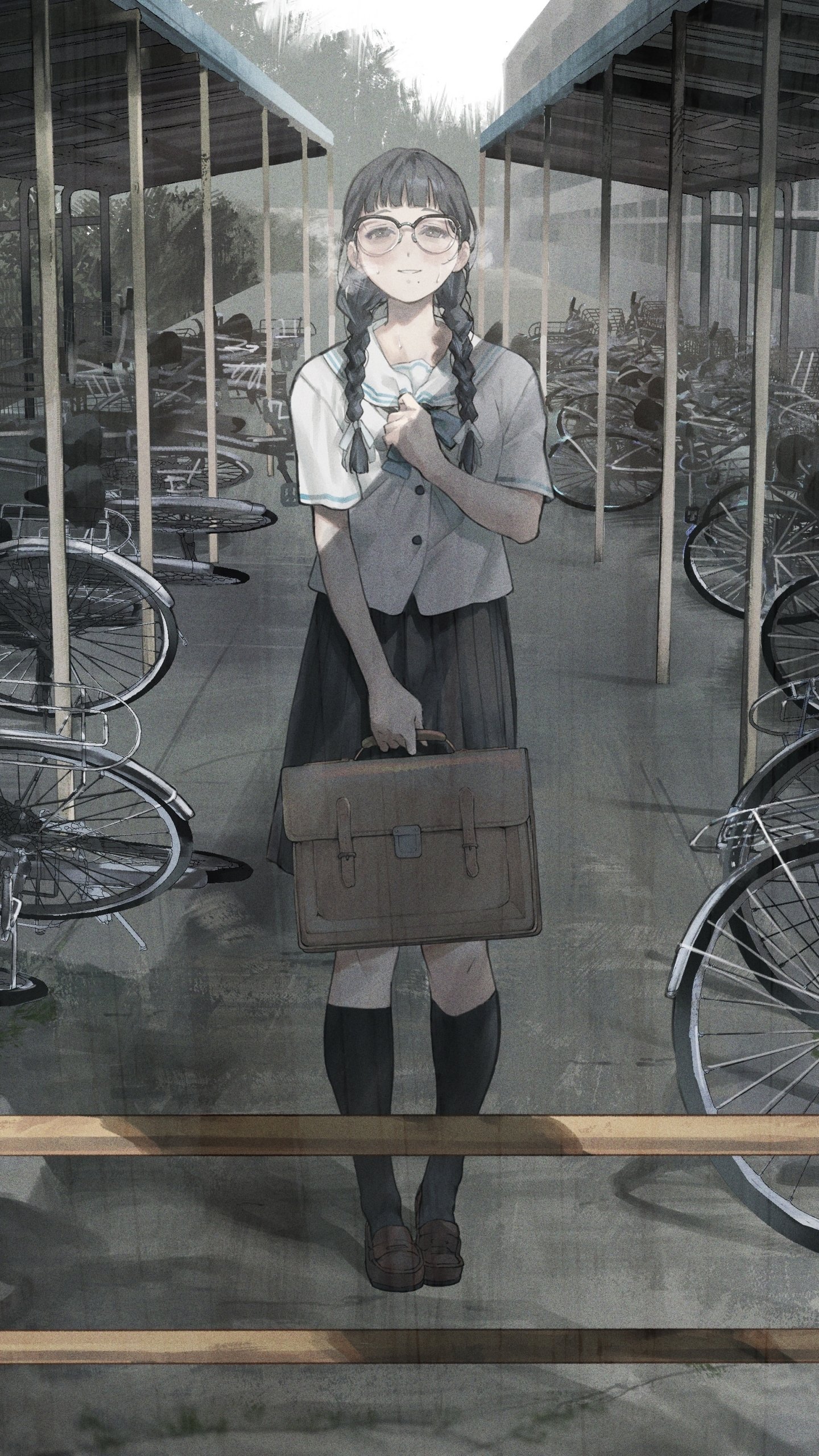 Phone wallpaper of an anime girl in a school uniform standing in a rainy bicycle shed, glasses on, holding her satchel and clasping an umbrella.
