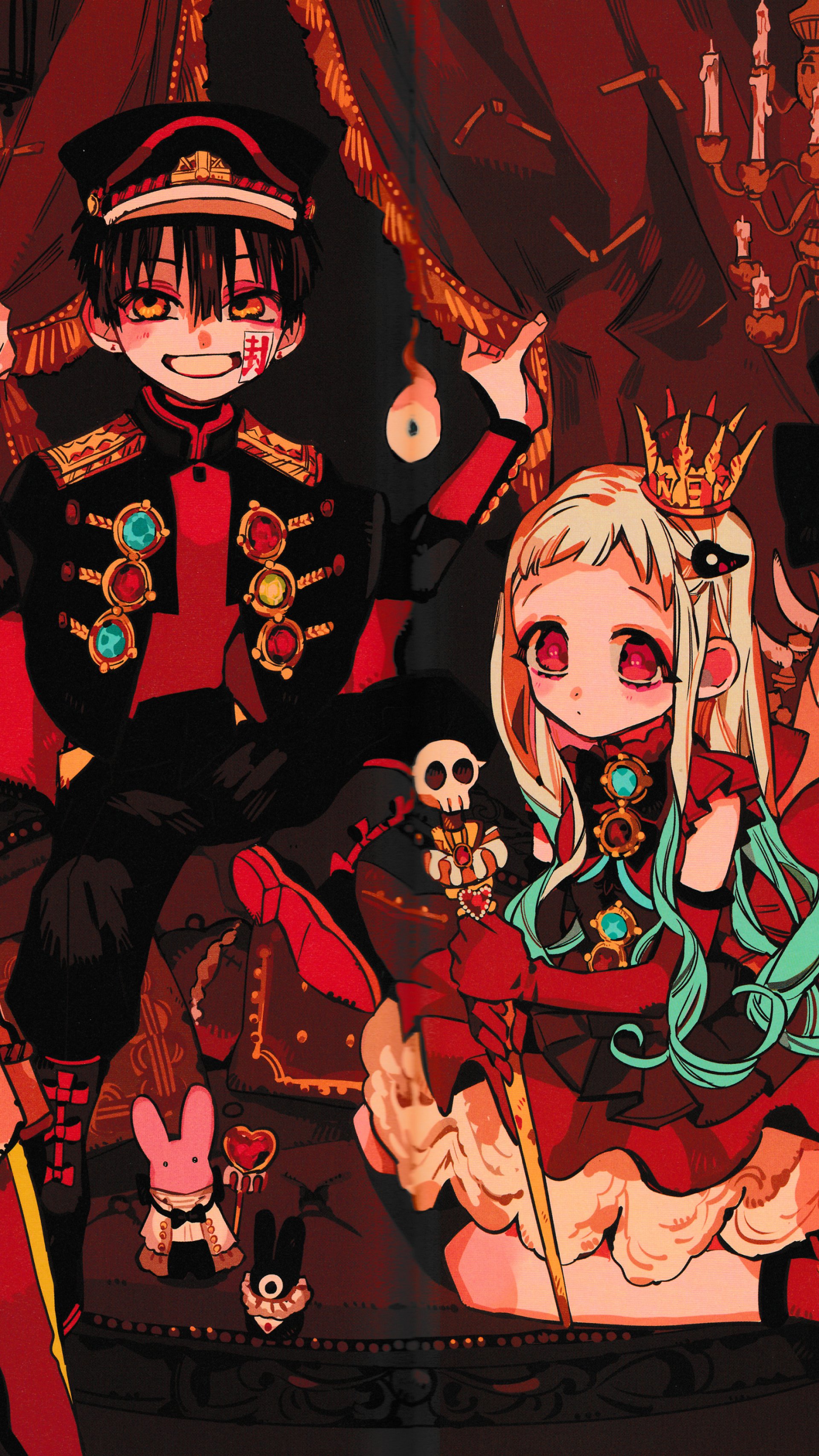 Phone wallpaper, anime: Toilet-bound Hanako-kun — grinning in a military hat beside a crowned girl with pink eyes, on a red-gold throne surrounded by small ghostly toys.