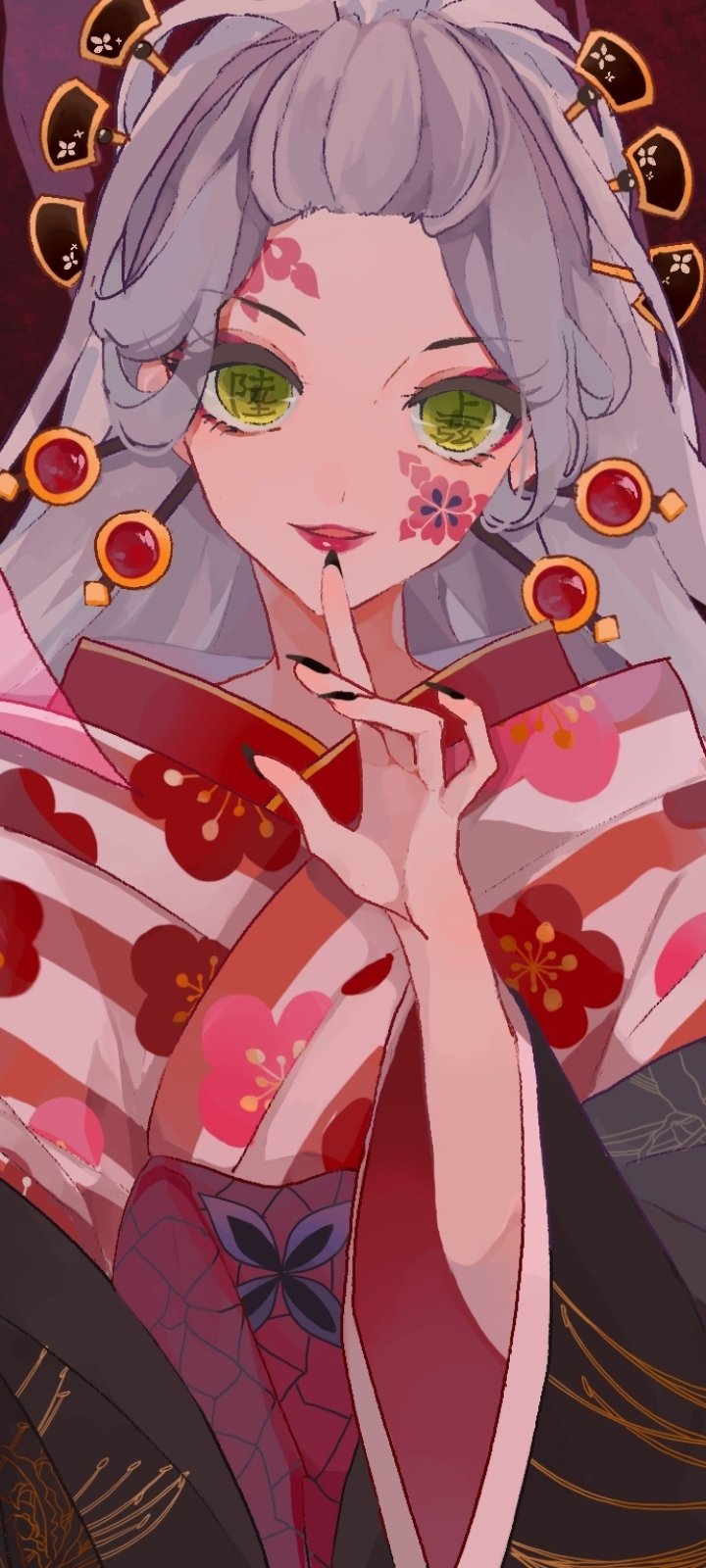 Phone wallpaper of Daki (Demon Slayer) from the anime Demon Slayer: Kimetsu no Yaiba — lavender hair, green eyes, floral kimono, red face markings, gold-red hair ornaments.