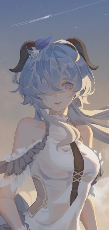 Phone wallpaper of Ganyu from the video game Genshin Impact: serene blue‑haired character with curved horns in a white outfit against a pastel sky and a distant shooting star.