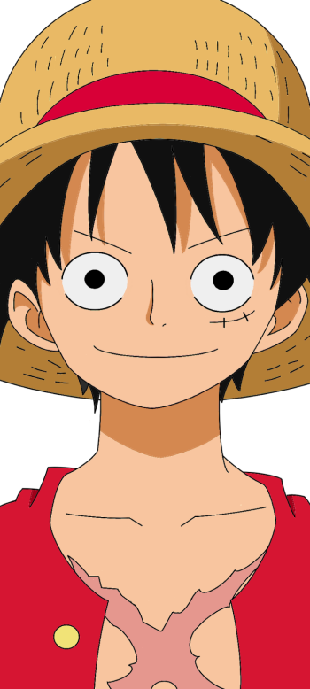 Phone wallpaper of Monkey D. Luffy (One Piece) — close-up of his smiling face, straw hat, small scar under left eye and torn red vest against a dark background.