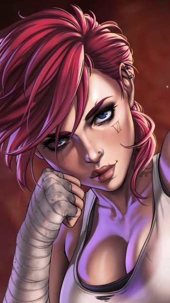 Phone wallpaper featuring VI from the TV show Arcane, inspired by League of Legends, with vibrant colors and dynamic, detailed artwork for iPhone and Android devices.