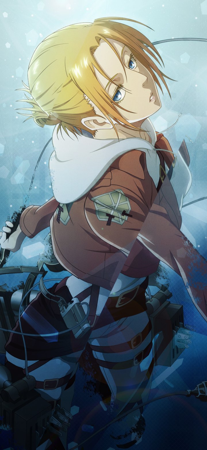 Phone wallpaper of Annie Leonhart from Attack on Titan — three-quarter view, blond hair in a bun, Survey Corps uniform and ODM gear against a chilly blue background.