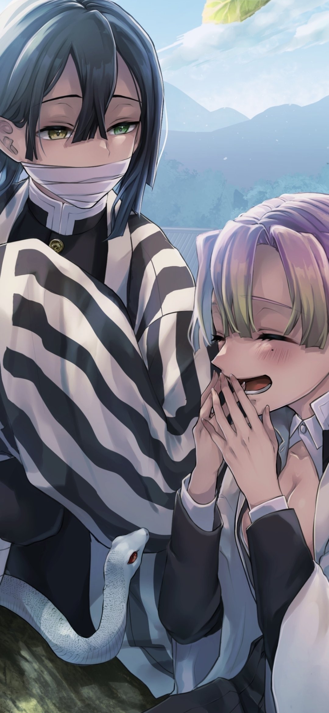 Anime phone wallpaper of Mitsuri Kanroji and Obanai Iguro (Demon Slayer: Kimetsu no Yaiba) sharing a tender outdoor moment, Obanai's white snake curled beside them.