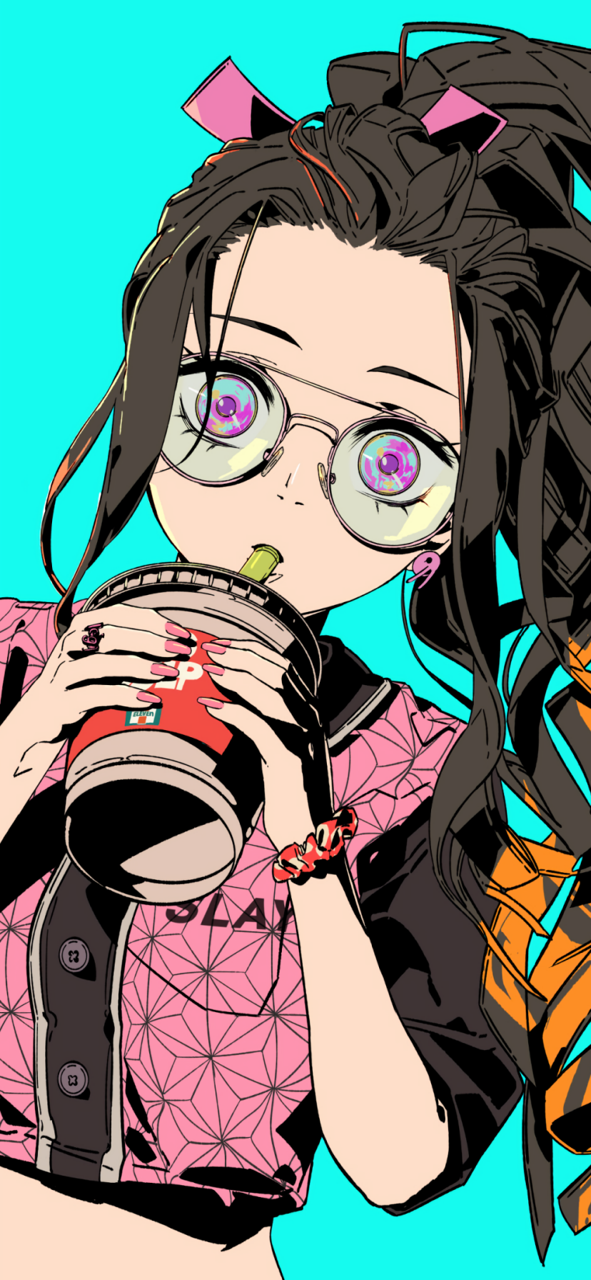 Phone wallpaper of Nezuko Kamado from Demon Slayer: Kimetsu no Yaiba — anime portrait of her in glasses sipping a drink, wearing a pink patterned haori against a bright teal background.