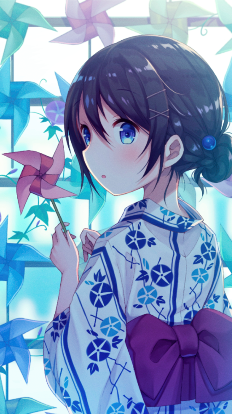 Phone wallpaper of an anime girl in a patterned kimono, dark hair and bright blue eyes, holding a pinwheel amid pastel windmills.