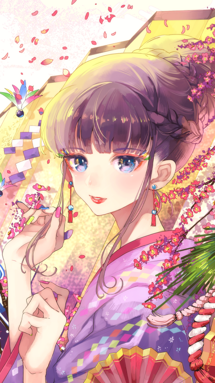 Festive anime girl in a floral kimono with blue eyes, braided hair and dangling earrings, holding a fan amid falling petals — colorful phone wallpaper.