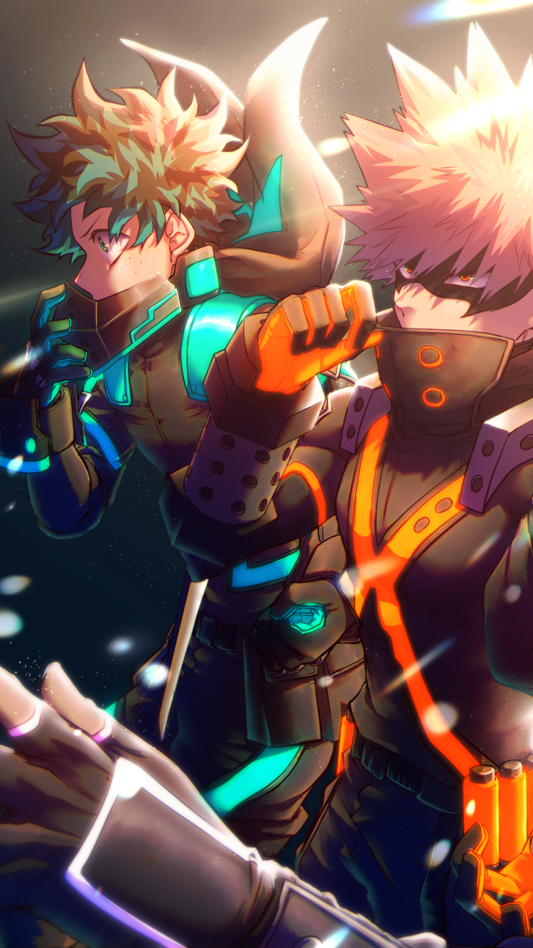 Phone wallpaper featuring Izuku Midoriya and Katsuki Bakugou from My Hero Academia in dynamic anime style, compatible with iPhones and Android devices.