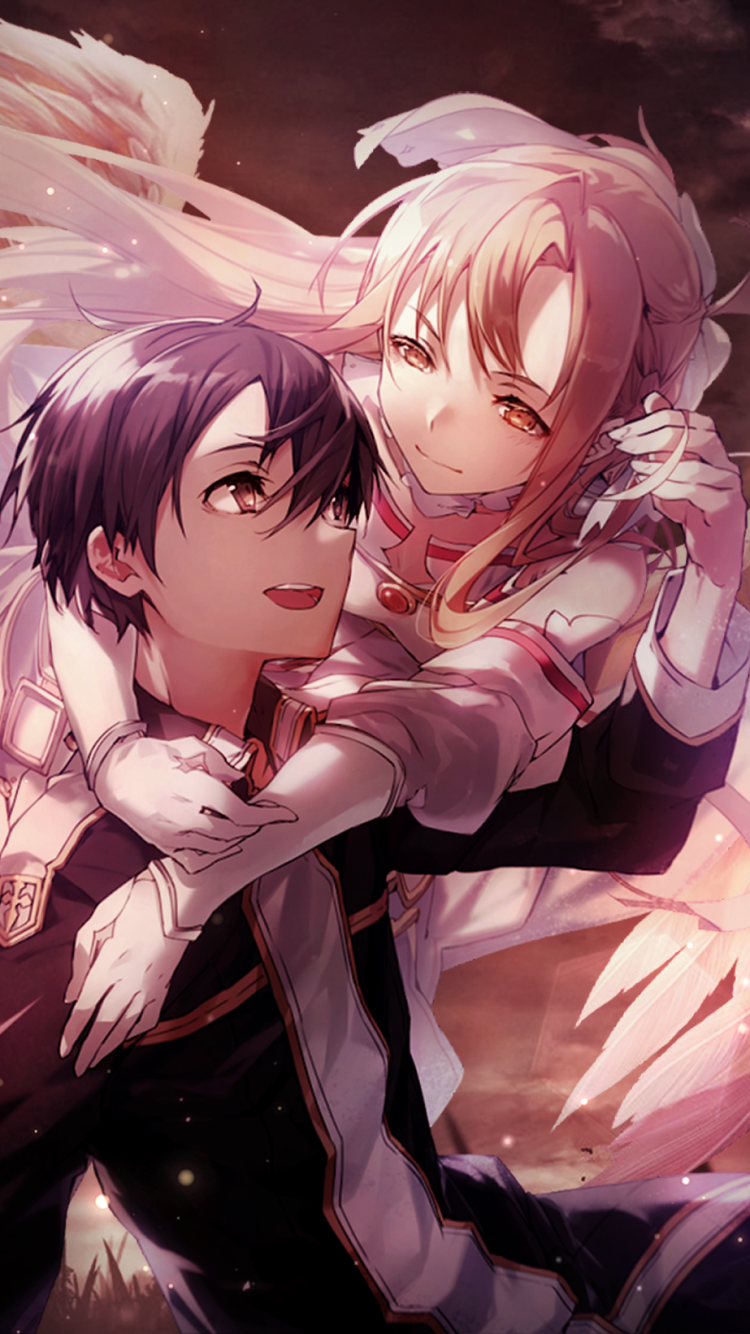 Phone wallpaper of Kirito and Asuna Yuuki from Sword Art Online: Asuna embraces Kirito from behind, both smiling amid warm pink light and soft, ethereal wings.