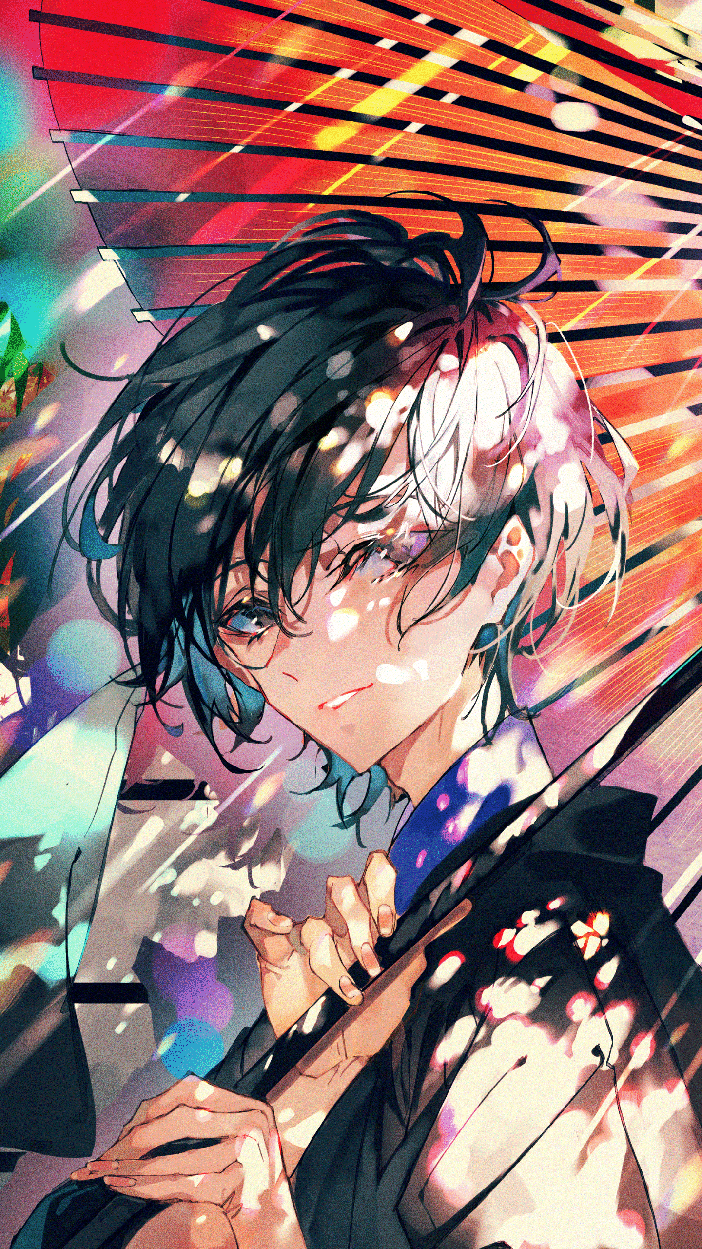 Phone wallpaper of an anime girl with short black-and-white hair, holding a colorful parasol amid falling petals and dappled light, blue eyes and a determined gaze.