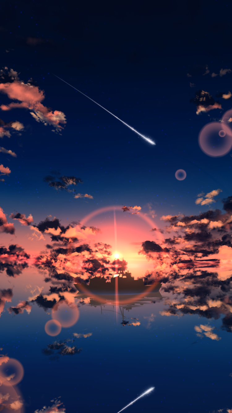 Anime-style phone wallpaper depicting a vibrant sunset with clouds and a bright shooting star streaking across the sky, designed for both iPhone and Android displays.