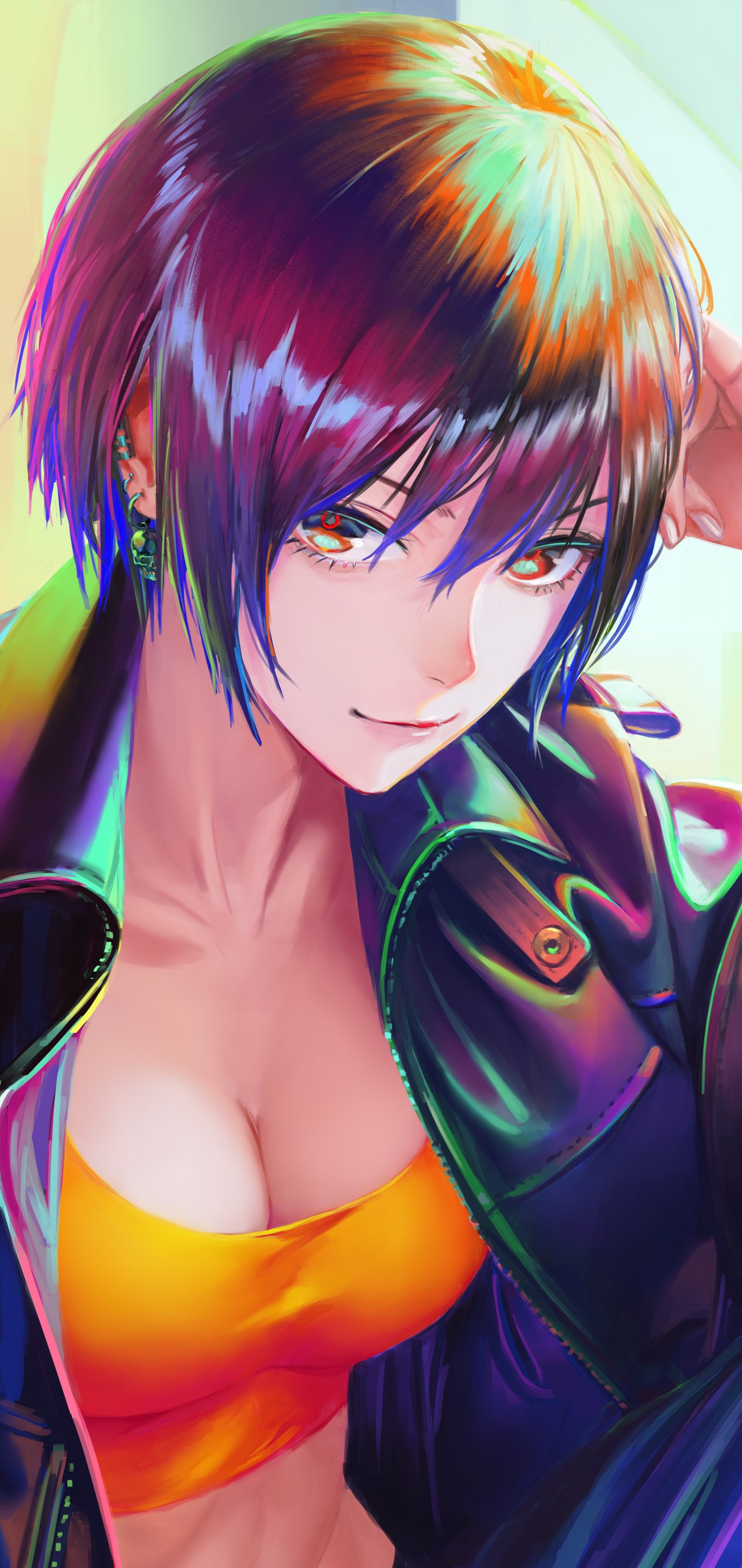 Vibrant anime girl with short hair and intense gaze, wearing a leather jacket and orange top, designed as a dynamic phone wallpaper for iPhone and Android.