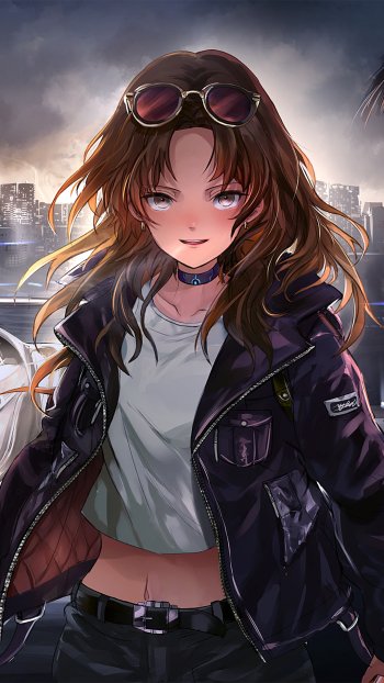 Anime girl phone wallpaper: windblown brown hair, sunglasses on her head, smirking expression, cropped white top and black jacket, choker, city skyline at dusk — moody, stylish.