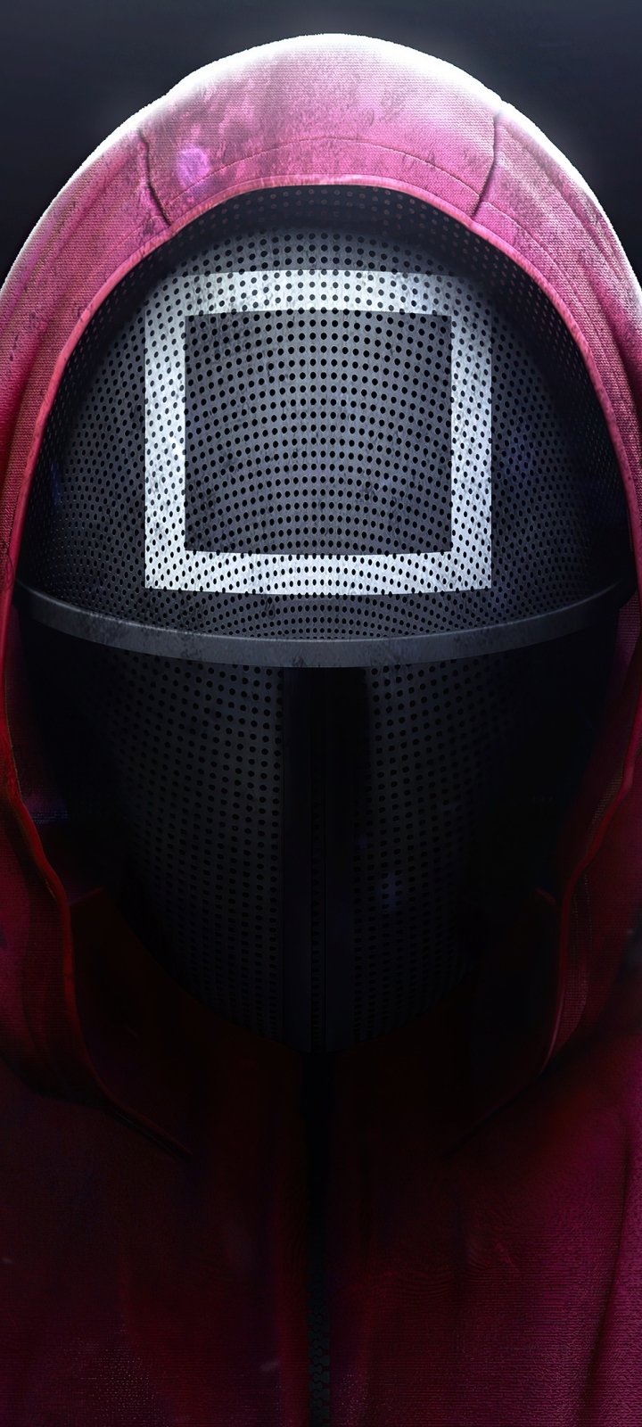 Phone wallpaper featuring a Squid Game TV show guard: close-up of a red-hooded figure with a black mesh mask displaying a white square on a dark background.