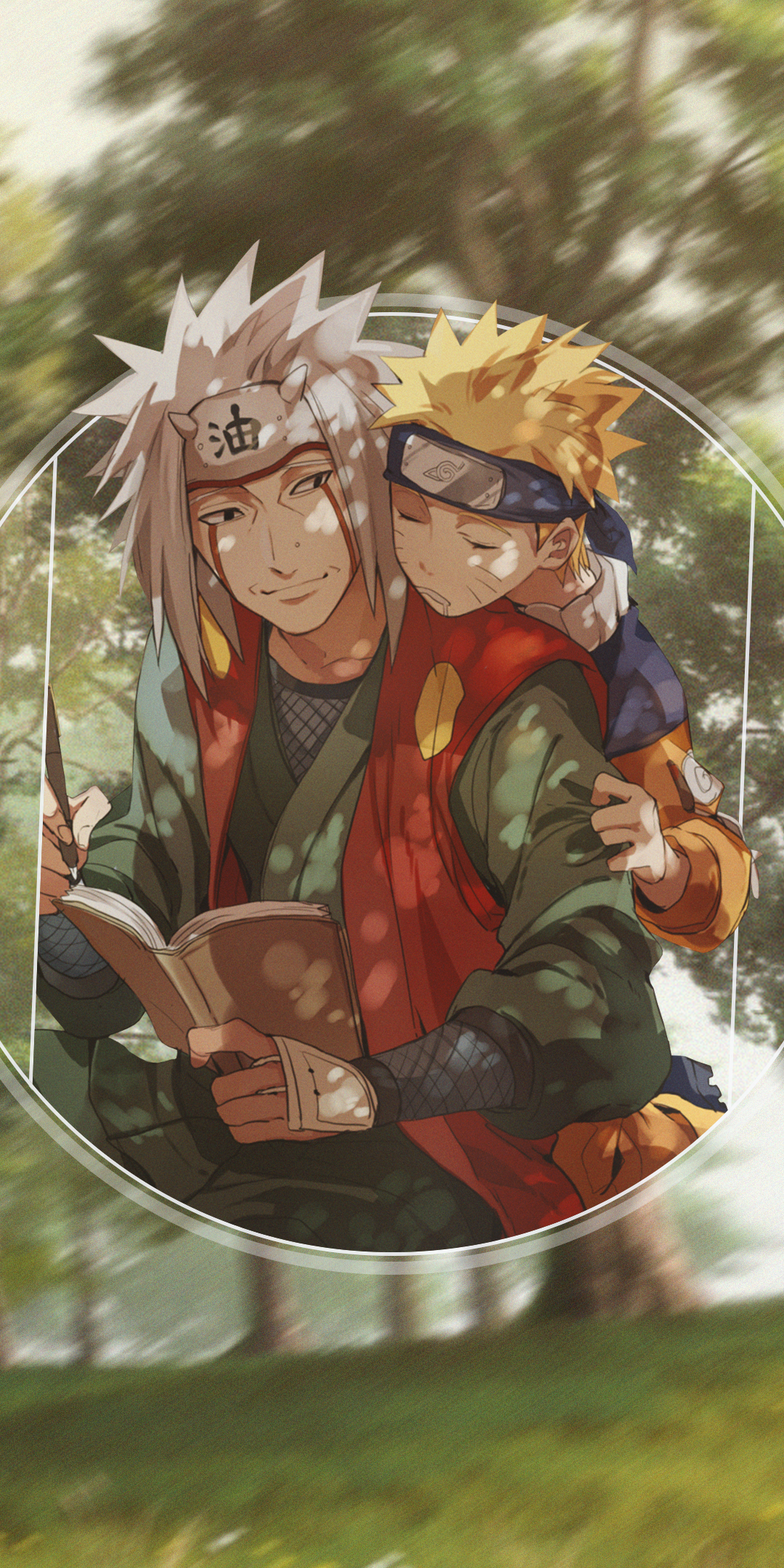 Phone wallpaper of Jiraiya reading a book with a young Naruto Uzumaki asleep on his back in a sunlit forest, anime-style, a warm mentor–student moment.