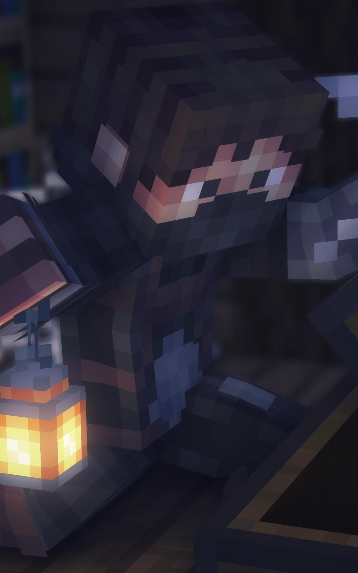 Minecraft-themed phone wallpaper featuring a pixelated character holding a glowing lantern in a dark, blocky environment, compatible with iPhone and Android screens.