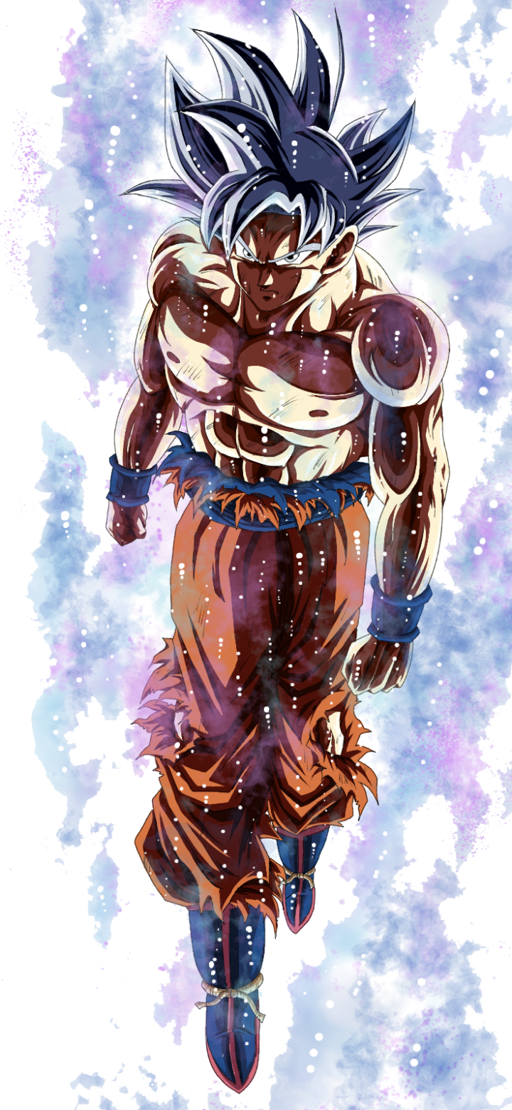 Ultra Instinct Goku from Dragon Ball Super floating in a silver-blue aura, torn orange gi and fierce stare — anime phone wallpaper.