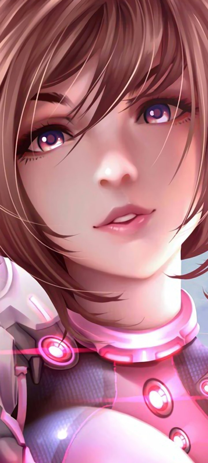 Phone wallpaper close-up of Ochaco Uraraka (My Hero Academia) — anime portrait with purple eyes, short brown hair and pink-accented hero suit.