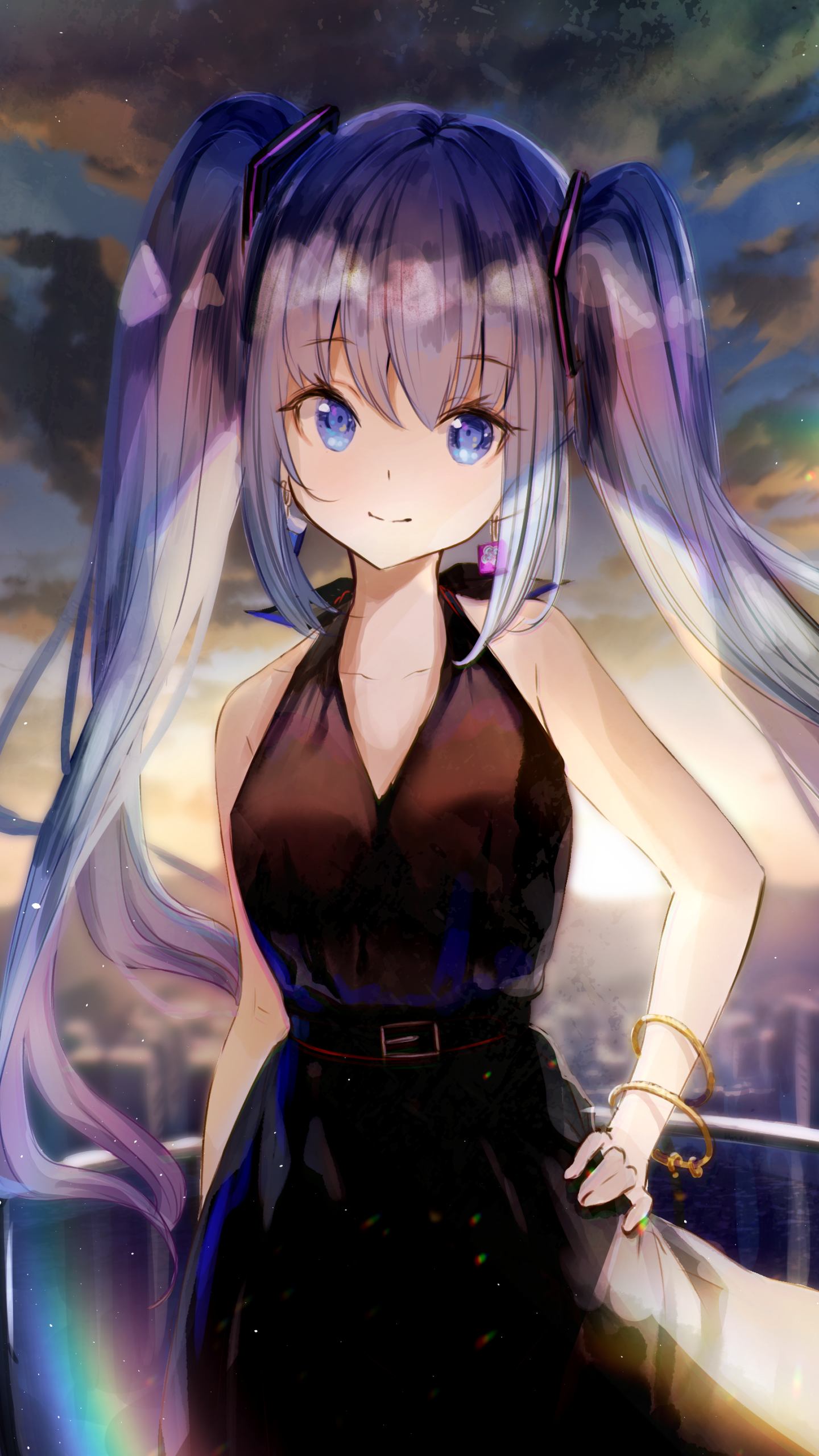 Anime-style Vocaloid Hatsune Miku with long twin tails and a black dress, set against a colorful evening sky, designed as a vibrant phone wallpaper for iPhone and Android.