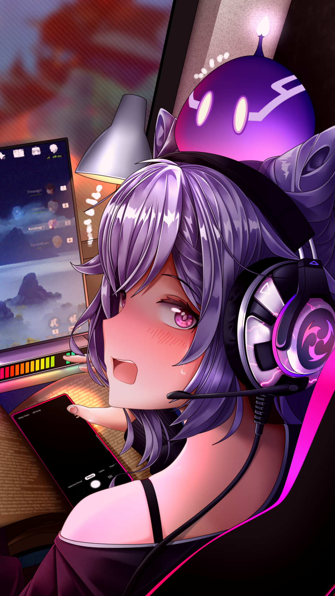 Phone wallpaper of Keqing (Genshin Impact): stylized video game portrait with headphones, purple neon lighting and a glowing desk.