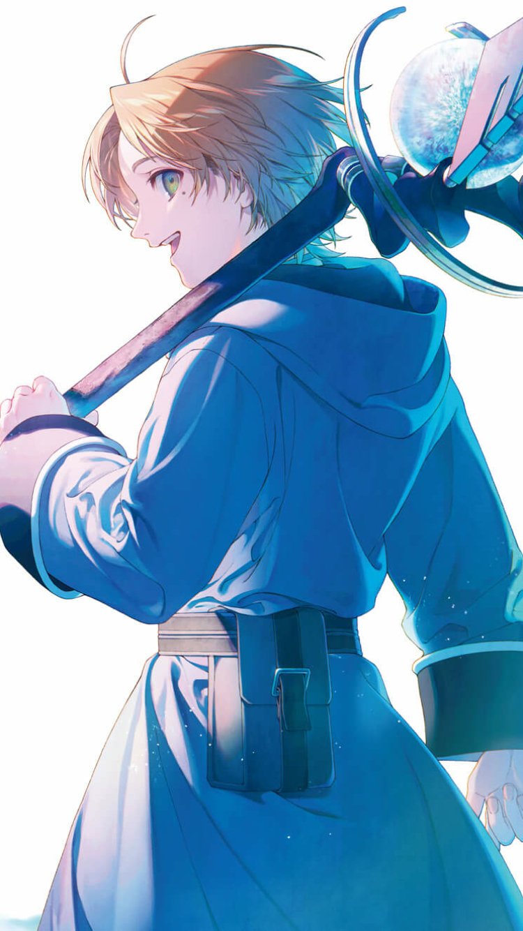 Rudeus Greyrat from Mushoku Tensei: Jobless Reincarnation in vibrant anime style, designed as a phone wallpaper for iPhones and Android devices.