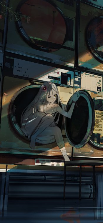 Phone wallpaper of an anime girl curled inside a laundromat dryer, pale hair and a single red eye, moody shadows and industrial washers in a tall, vertical anime-style composition.