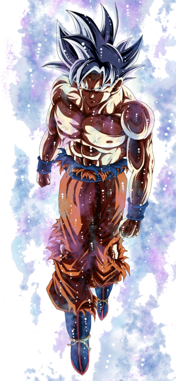 Ultra Instinct Goku from Dragon Ball Super floating in a silver-blue aura, torn orange gi and fierce stare — anime phone wallpaper.