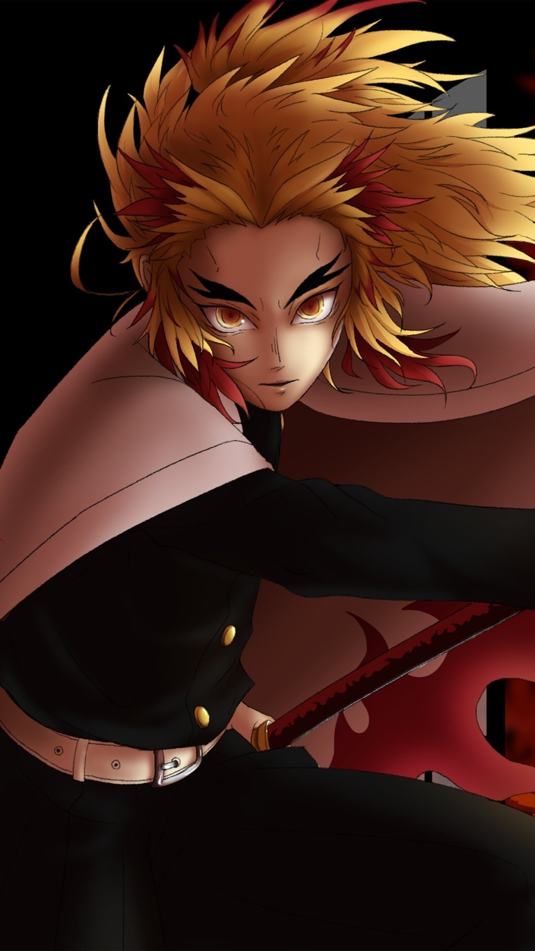 Phone wallpaper of Kyojuro Rengoku from Demon Slayer: Kimetsu no Yaiba — flame-haired Hashira in mid-strike, intense gaze and red blade against a dark backdrop.