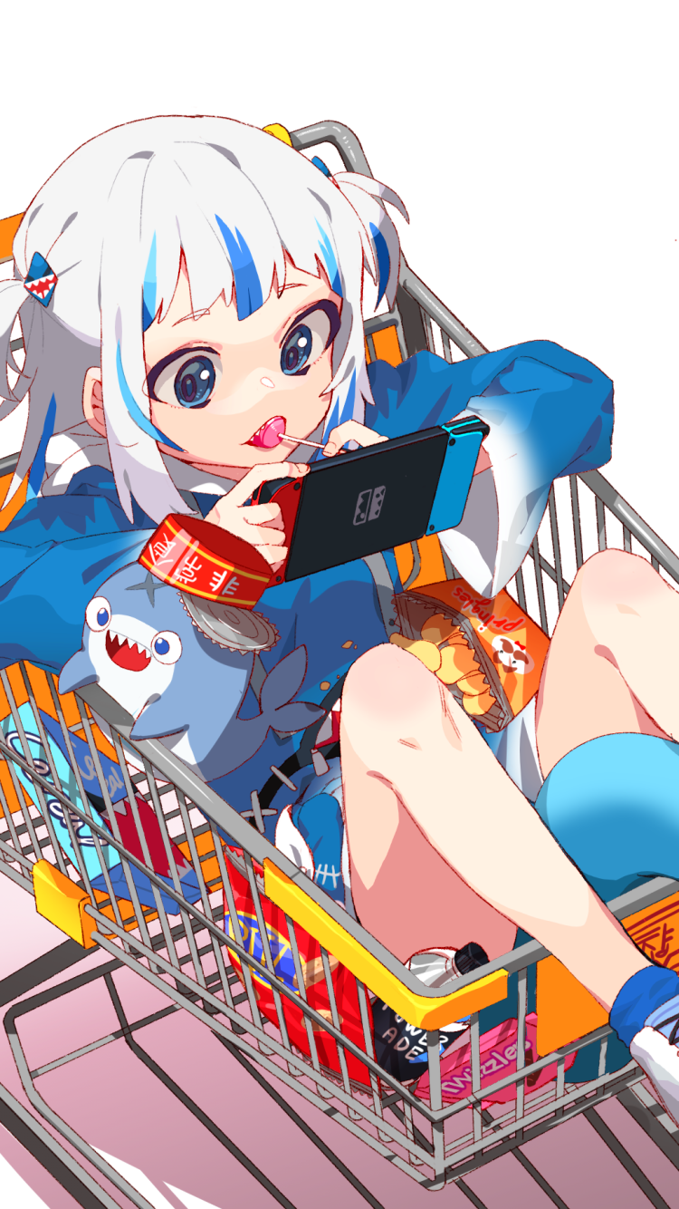 Anime-style wallpaper featuring Gawr Gura from hololive as a virtual YouTuber, sitting in a shopping cart while playing on a phone, designed for iPhone and Android screens.