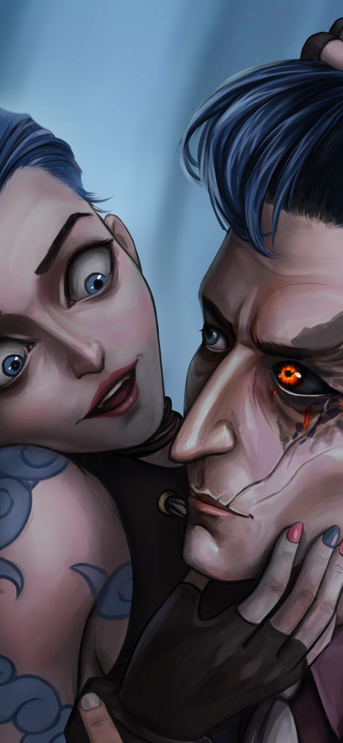 Phone wallpaper featuring Jinx from League of Legends and Arcane, showcasing detailed character art with a dramatic, intense atmosphere for iPhone and Android screens.