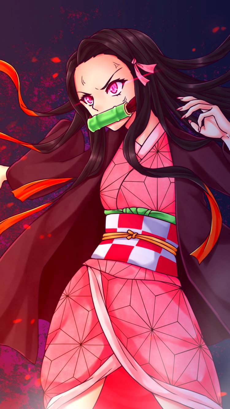 Anime phone wallpaper of Nezuko Kamado (Demon Slayer: Kimetsu no Yaiba) — fierce stance in a pink kimono with bamboo muzzle, flowing dark hair and red embers swirling in the background.