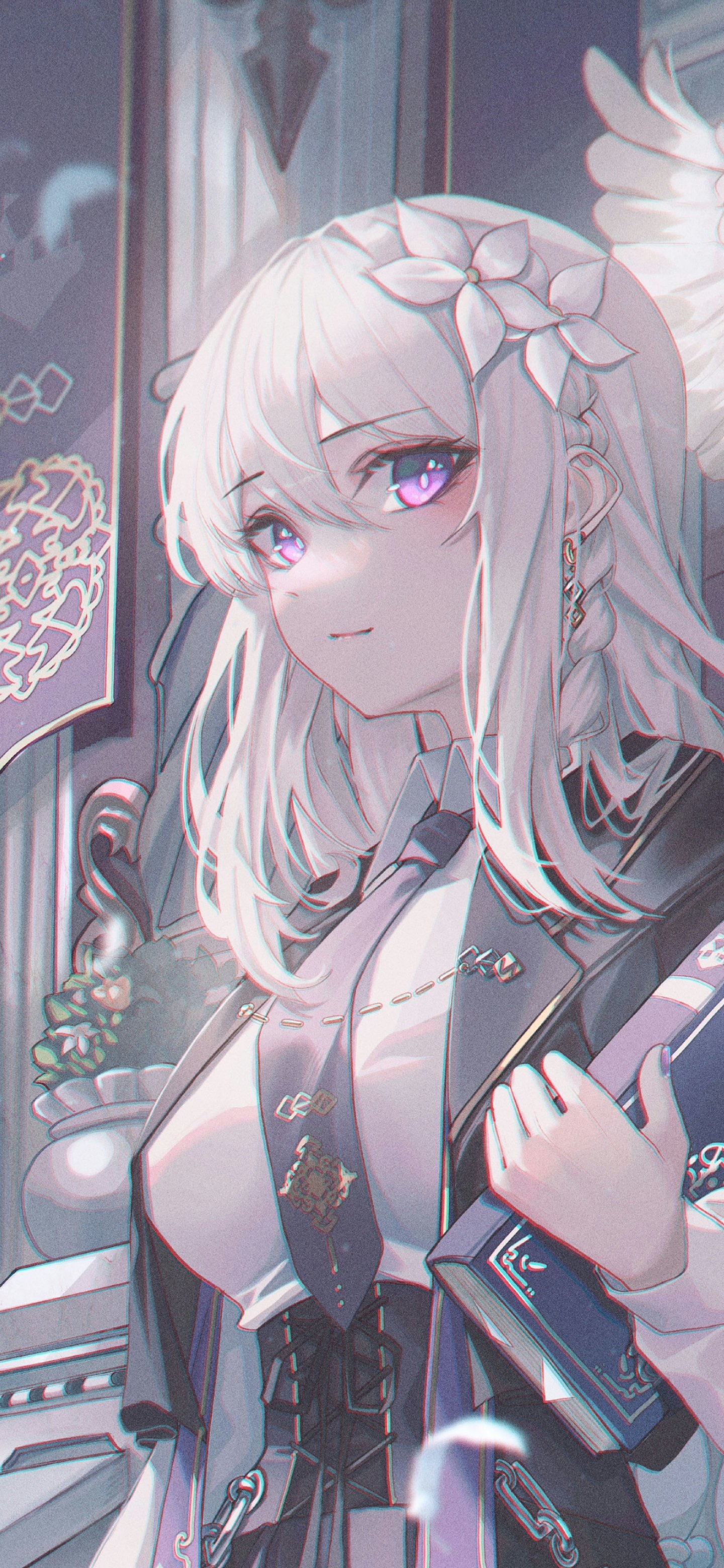 Phone wallpaper of an anime girl with long white hair and purple eyes, wearing a floral hairpiece and ornate outfit, holding a book in a soft, elegant interior.