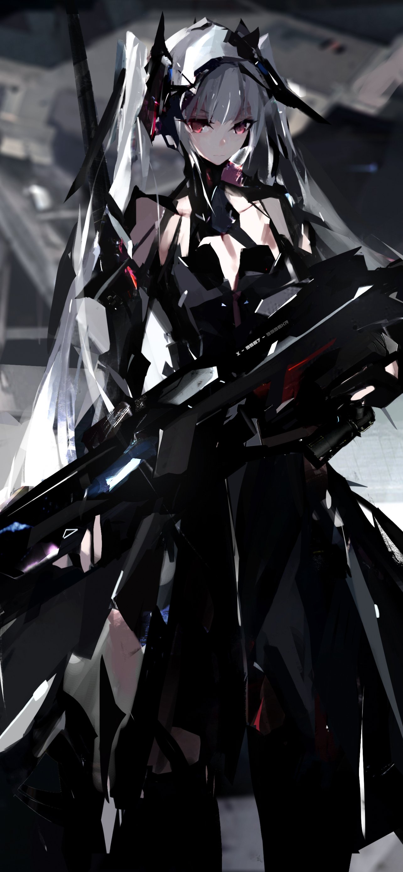 Phone wallpaper of an anime girl in sleek black mech armor, white hair and red eyes, wielding a large sci‑fi rifle amid a dark, industrial futuristic backdrop.