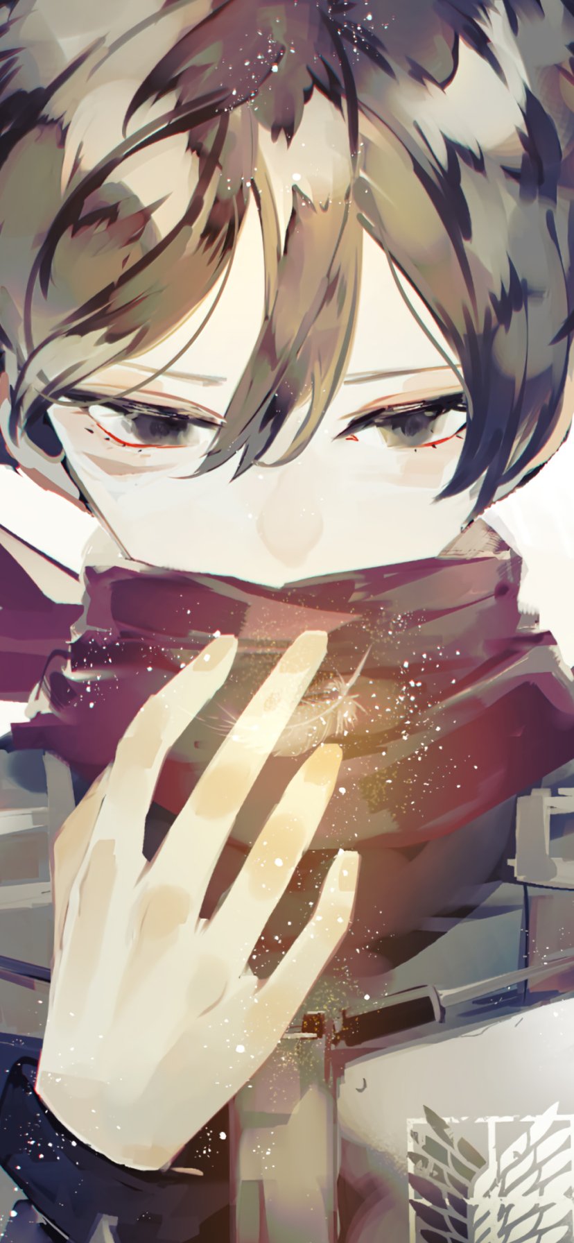 Phone wallpaper featuring Mikasa Ackerman from Attack on Titan in an anime art style, with a close-up of her face and iconic scarf, designed for iPhone and Android displays.
