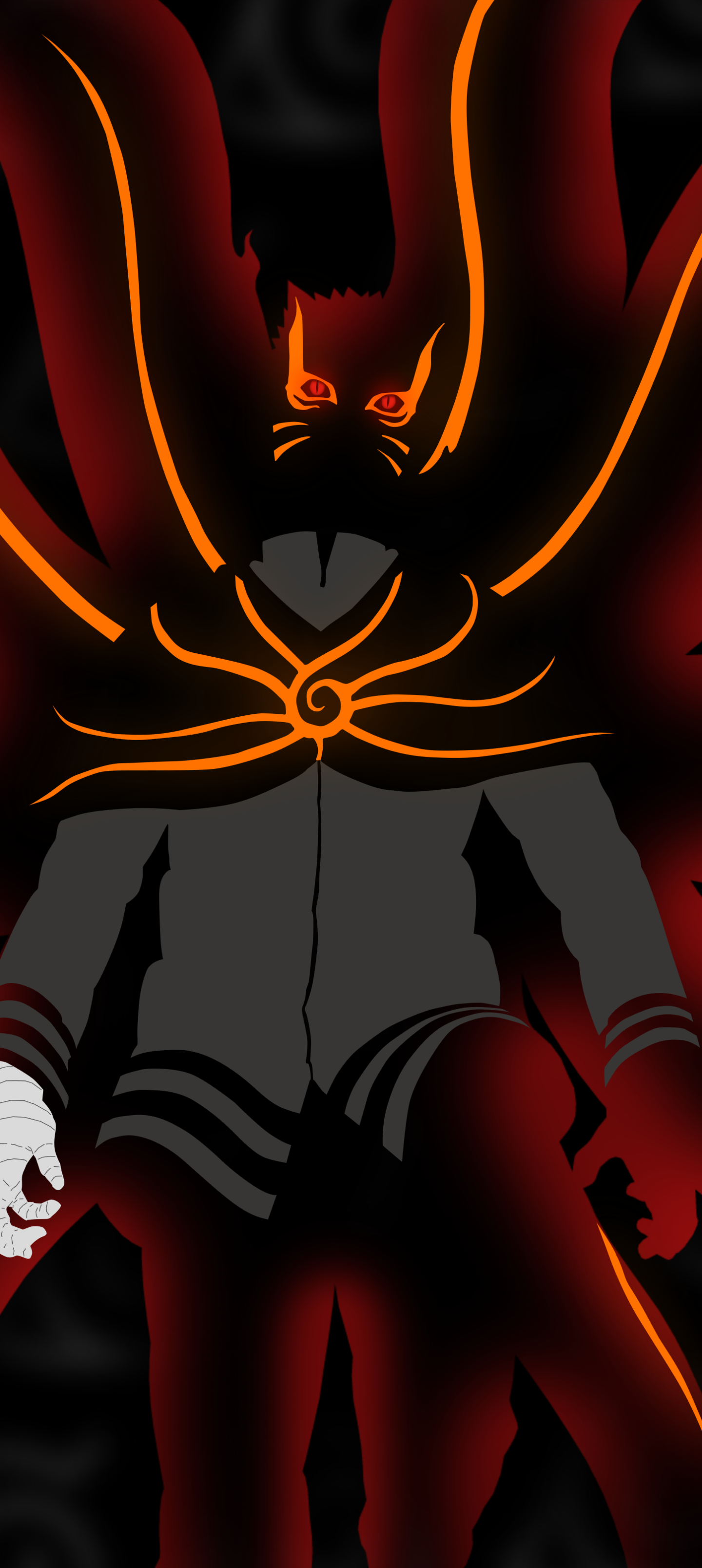 Phone wallpaper of Naruto Uzumaki in Baryon Mode (Boruto): dark silhouette with glowing orange chakra cloak and fox tails, radiant eyes and stylized energy lines on a black background.
