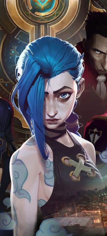 iPhone and Android phone wallpaper: Jinx from League of Legends' Arcane — close-up of blue-haired, tattooed rebel with a fierce stare against a Piltover steampunk backdrop.