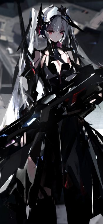 Phone wallpaper of an anime girl in sleek black mech armor, white hair and red eyes, wielding a large sci‑fi rifle amid a dark, industrial futuristic backdrop.