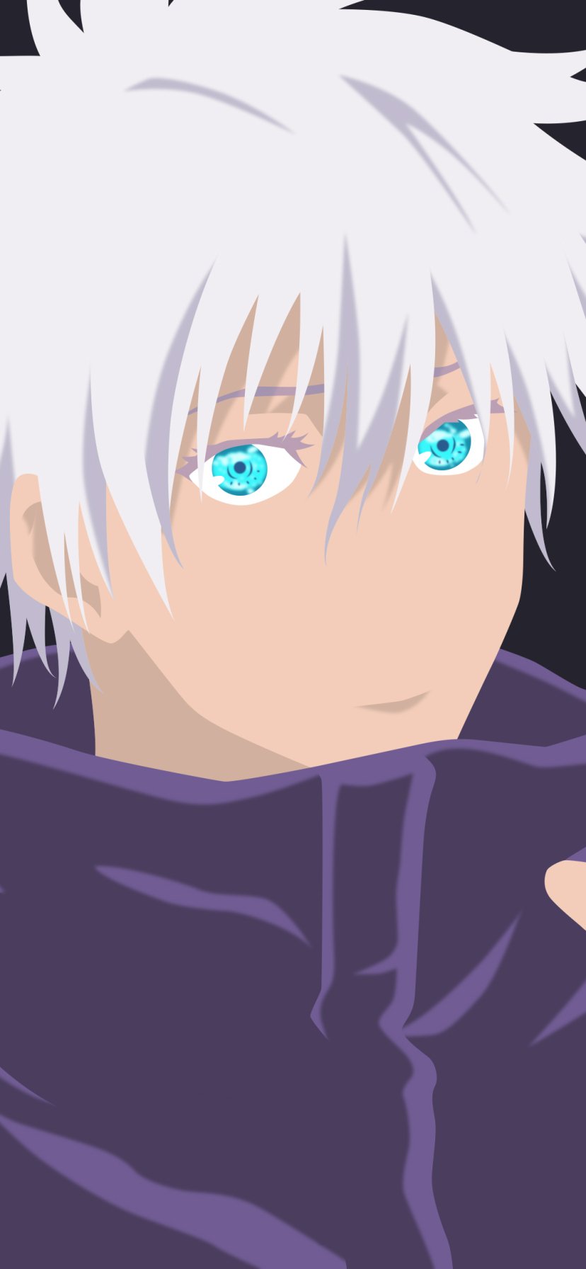 Minimalist anime wallpaper of Satoru Gojo from Jujutsu Kaisen, featuring his striking blue eyes and white hair, designed for seamless display on iPhone and Android phones.
