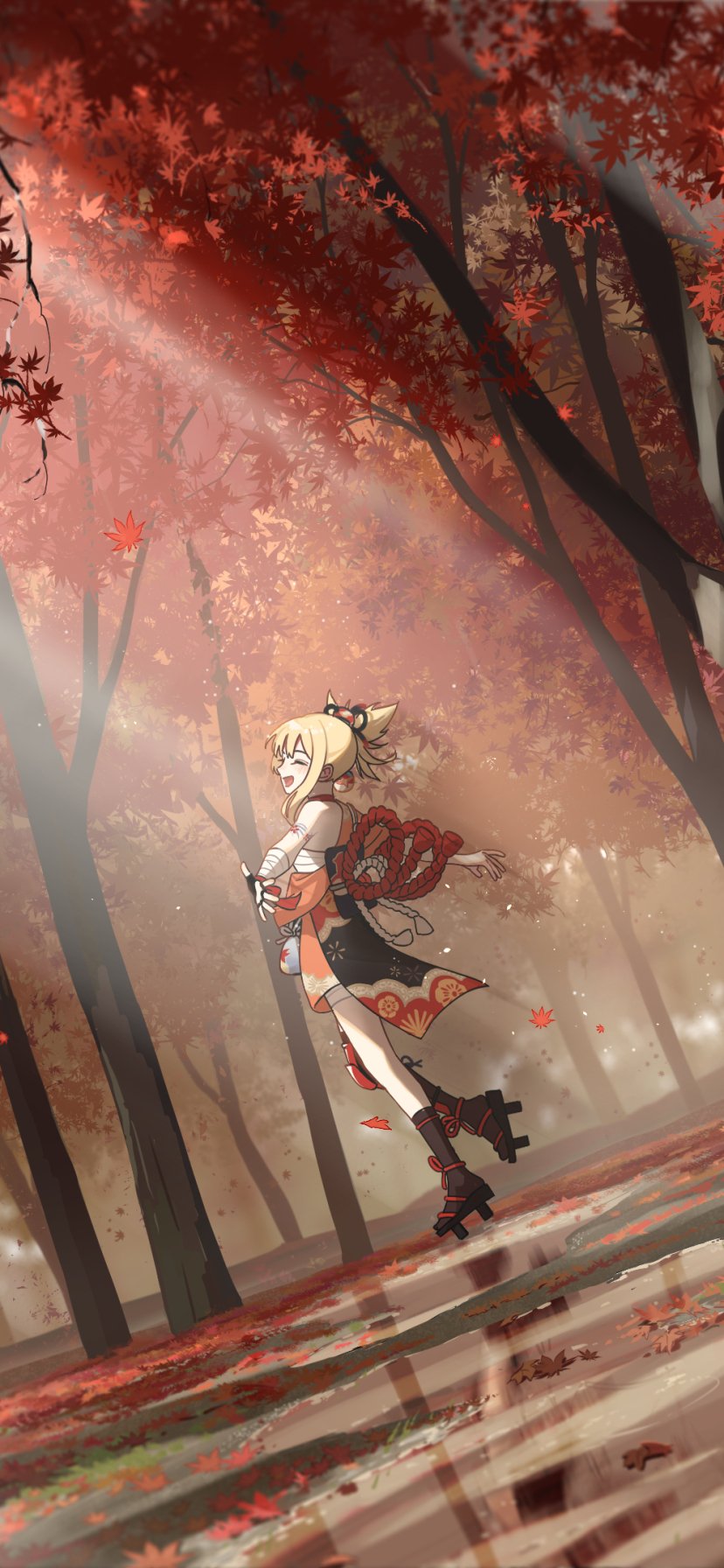 Phone wallpaper featuring Yoimiya from Genshin Impact standing in a sunlit forest with vibrant autumn leaves, designed for iPhone and Android screens.