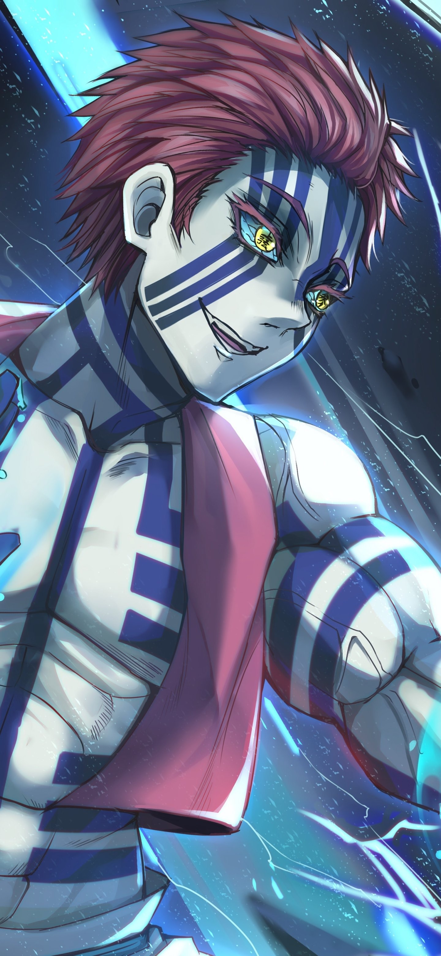 Phone wallpaper of Akaza from Demon Slayer: Kimetsu no Yaiba — dynamic anime portrait with blue-striped demon markings, glowing yellow eyes and electric-blue energy.